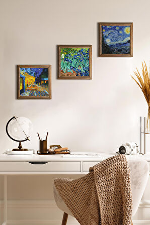 Van Gogh Kafe Terasta Gece, İrisler, Yıldızlı Gece Taş Duvar Tablosu Ahşap Çerçeveli Duvar Dekoru 3 Parça Tablo Seti Wall Art