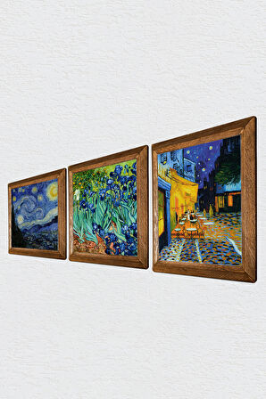 Van Gogh Kafe Terasta Gece, İrisler, Yıldızlı Gece Taş Duvar Tablosu Ahşap Çerçeveli Duvar Dekoru 3 Parça Tablo Seti Wall Art