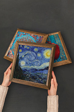 Van Gogh Kafe Terasta Gece, İrisler, Yıldızlı Gece Taş Duvar Tablosu Ahşap Çerçeveli Duvar Dekoru 3 Parça Tablo Seti Wall Art