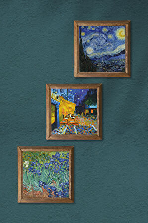 Van Gogh Kafe Terasta Gece, İrisler, Yıldızlı Gece Taş Duvar Tablosu Ahşap Çerçeveli Duvar Dekoru 3 Parça Tablo Seti Wall Art
