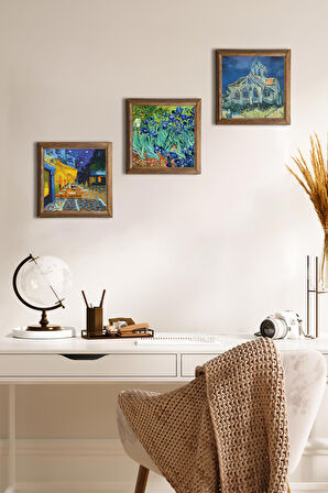 Van Gogh Auvers'deki Kilise, Kafe Terasta Gece, İrisler Taş Duvar Tablosu Ahşap Çerçeveli Duvar Dekoru 3 Parça Tablo Seti Wall Art