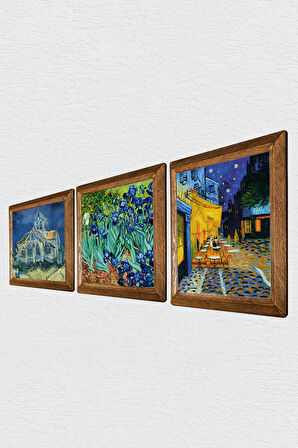 Van Gogh Auvers'deki Kilise, Kafe Terasta Gece, İrisler Taş Duvar Tablosu Ahşap Çerçeveli Duvar Dekoru 3 Parça Tablo Seti Wall Art