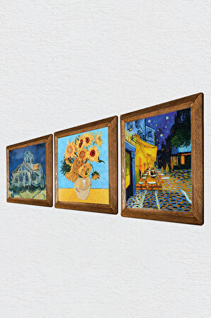 Van Gogh Kilise, Kafe Terasta Gece, On İki Ayçiçekli Vazo Taş Duvar Tablosu Ahşap Çerçeveli Duvar Dekoru 3 Parça Tablo Seti Wall Art
