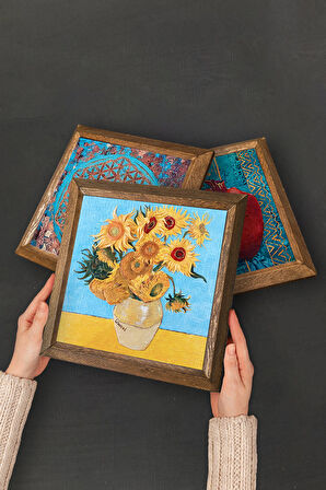 Van Gogh Kilise, Kafe Terasta Gece, On İki Ayçiçekli Vazo Taş Duvar Tablosu Ahşap Çerçeveli Duvar Dekoru 3 Parça Tablo Seti Wall Art