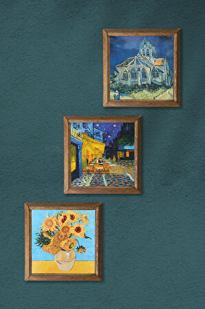 Van Gogh Kilise, Kafe Terasta Gece, On İki Ayçiçekli Vazo Taş Duvar Tablosu Ahşap Çerçeveli Duvar Dekoru 3 Parça Tablo Seti Wall Art