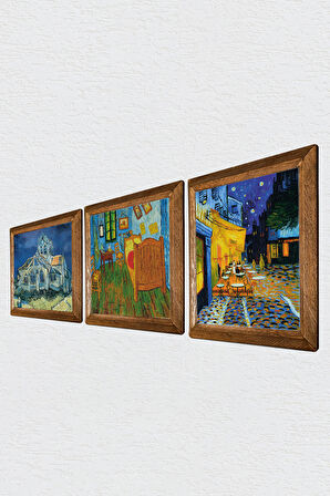 Van Gogh Kilise, Yatak Odası, Kafe Terasta Gece Taş Duvar Tablosu Ahşap Çerçeveli Duvar Dekoru 3 Parça Tablo Seti Wall Art