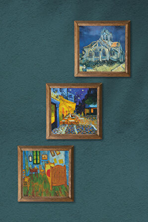 Van Gogh Kilise, Yatak Odası, Kafe Terasta Gece Taş Duvar Tablosu Ahşap Çerçeveli Duvar Dekoru 3 Parça Tablo Seti Wall Art