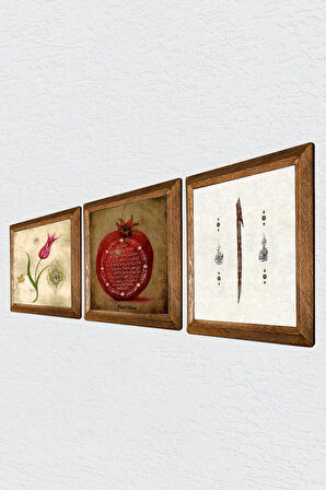Lale Ebru Sanatı, Elif, Bereket Duası Taş Duvar Tablosu Ahşap Çerçeveli Duvar Dekoru 3 Parça Tablo Seti Wall Art