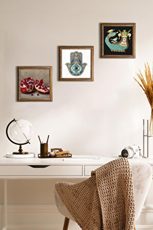 Şahmeran, Nar, Fatma Ana Eli (Hamsa) Taş Duvar Tablosu Ahşap Çerçeveli Duvar Dekoru 3 Parça Tablo Seti Wall Art