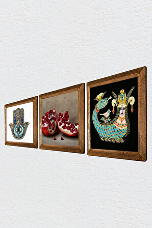 Şahmeran, Nar, Fatma Ana Eli (Hamsa) Taş Duvar Tablosu Ahşap Çerçeveli Duvar Dekoru 3 Parça Tablo Seti Wall Art