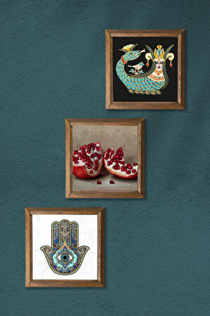 Şahmeran, Nar, Fatma Ana Eli (Hamsa) Taş Duvar Tablosu Ahşap Çerçeveli Duvar Dekoru 3 Parça Tablo Seti Wall Art