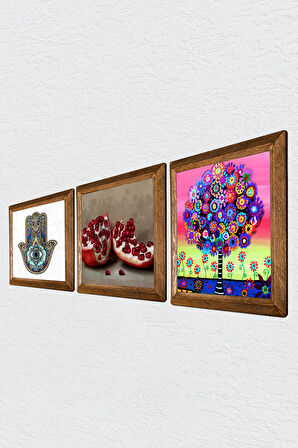 Karla Gerard Hayat Ağacı, Nar, Fatma Ana Eli (Hamsa) Taş Duvar Tablosu Ahşap Çerçeveli Duvar Dekoru 3 Parça Tablo Seti Wall Art