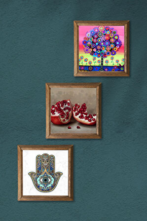 Karla Gerard Hayat Ağacı, Nar, Fatma Ana Eli (Hamsa) Taş Duvar Tablosu Ahşap Çerçeveli Duvar Dekoru 3 Parça Tablo Seti Wall Art