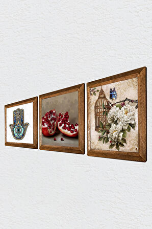 Kelebekli Çiçek, Nar, Fatma Ana Eli (Hamsa) Taş Duvar Tablosu Ahşap Çerçeveli Duvar Dekoru 3 Parça Tablo Seti Wall Art