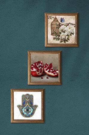 Kelebekli Çiçek, Nar, Fatma Ana Eli (Hamsa) Taş Duvar Tablosu Ahşap Çerçeveli Duvar Dekoru 3 Parça Tablo Seti Wall Art