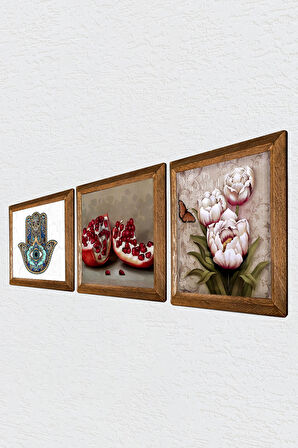 Kelebekli Çiçek, Nar, Fatma Ana Eli (Hamsa) Taş Duvar Tablosu Ahşap Çerçeveli Duvar Dekoru 3 Parça Tablo Seti Wall Art