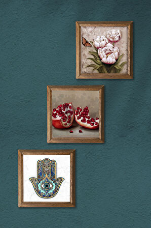 Kelebekli Çiçek, Nar, Fatma Ana Eli (Hamsa) Taş Duvar Tablosu Ahşap Çerçeveli Duvar Dekoru 3 Parça Tablo Seti Wall Art