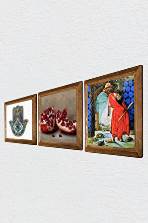 Kaplumbağa Terbiyecisi, Nar, Fatma Ana Eli (Hamsa) Taş Duvar Tablosu Ahşap Çerçeveli Duvar Dekoru 3 Parça Tablo Seti Wall Art