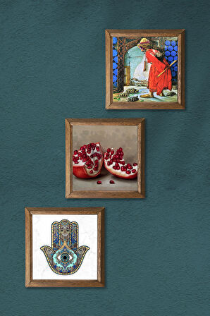 Kaplumbağa Terbiyecisi, Nar, Fatma Ana Eli (Hamsa) Taş Duvar Tablosu Ahşap Çerçeveli Duvar Dekoru 3 Parça Tablo Seti Wall Art