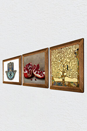Gustav Klimt Hayat Ağacı, Nar, Fatma Ana Eli (Hamsa) Taş Duvar Tablosu Ahşap Çerçeveli Duvar Dekoru 3 Parça Tablo Seti Wall Art