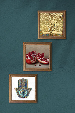 Gustav Klimt Hayat Ağacı, Nar, Fatma Ana Eli (Hamsa) Taş Duvar Tablosu Ahşap Çerçeveli Duvar Dekoru 3 Parça Tablo Seti Wall Art