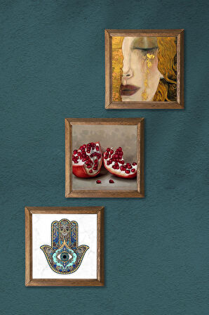 Gustav Klimt Altın Gözyaşları, Nar, Fatma Ana Eli (Hamsa) Taş Duvar Tablosu Ahşap Çerçeveli Duvar Dekoru 3 Parça Tablo Seti Wall Art