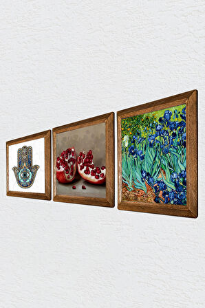 Van Gogh İrisler, Nar, Fatma Ana Eli (Hamsa) Taş Duvar Tablosu Ahşap Çerçeveli Duvar Dekoru 3 Parça Tablo Seti Wall Art