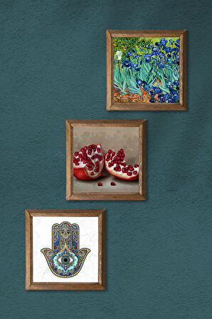 Van Gogh İrisler, Nar, Fatma Ana Eli (Hamsa) Taş Duvar Tablosu Ahşap Çerçeveli Duvar Dekoru 3 Parça Tablo Seti Wall Art