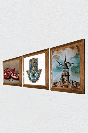 İstanbul Galata Kulesi, Nar, Fatma Ana Eli (Hamsa) Taş Duvar Tablosu Ahşap Çerçeveli Duvar Dekoru 3 Parça Tablo Seti Wall Art