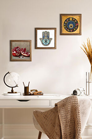 Nazar Boncuğu, Nar, Fatma Ana Eli (Hamsa) Taş Duvar Tablosu Ahşap Çerçeveli Duvar Dekoru 3 Parça Tablo Seti Wall Art