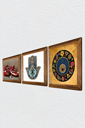 Nazar Boncuğu, Nar, Fatma Ana Eli (Hamsa) Taş Duvar Tablosu Ahşap Çerçeveli Duvar Dekoru 3 Parça Tablo Seti Wall Art