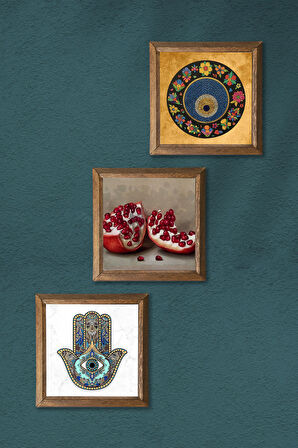 Nazar Boncuğu, Nar, Fatma Ana Eli (Hamsa) Taş Duvar Tablosu Ahşap Çerçeveli Duvar Dekoru 3 Parça Tablo Seti Wall Art