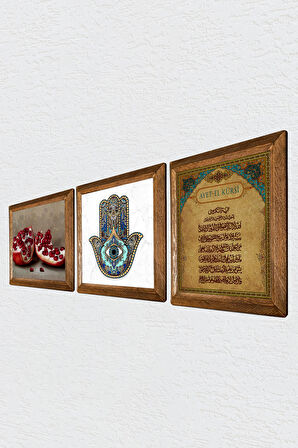 Ayet-el Kürsi, Nar, Fatma Ana Eli (Hamsa) Taş Duvar Tablosu Ahşap Çerçeveli Duvar Dekoru 3 Parça Tablo Seti Wall Art