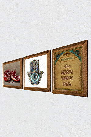 Nazar Duası, Nar, Fatma Ana Eli (Hamsa) Taş Duvar Tablosu Ahşap Çerçeveli Duvar Dekoru 3 Parça Tablo Seti Wall Art