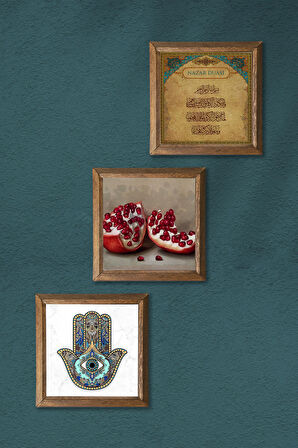 Nazar Duası, Nar, Fatma Ana Eli (Hamsa) Taş Duvar Tablosu Ahşap Çerçeveli Duvar Dekoru 3 Parça Tablo Seti Wall Art