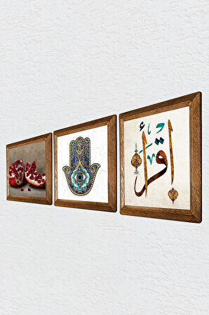 İlk Ayet 'Oku', Nar, Fatma Ana Eli (Hamsa) Taş Duvar Tablosu Ahşap Çerçeveli Duvar Dekoru 3 Parça Tablo Seti Wall Art