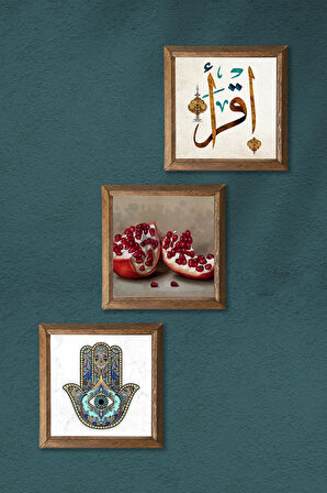 İlk Ayet 'Oku', Nar, Fatma Ana Eli (Hamsa) Taş Duvar Tablosu Ahşap Çerçeveli Duvar Dekoru 3 Parça Tablo Seti Wall Art