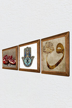 Vav, Nar, Fatma Ana Eli (Hamsa) Taş Duvar Tablosu Ahşap Çerçeveli Duvar Dekoru 3 Parça Tablo Seti Wall Art