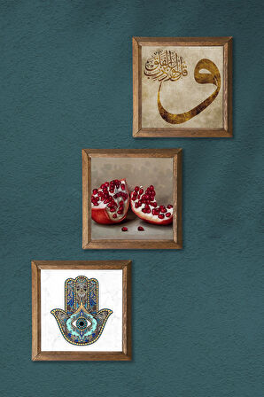 Vav, Nar, Fatma Ana Eli (Hamsa) Taş Duvar Tablosu Ahşap Çerçeveli Duvar Dekoru 3 Parça Tablo Seti Wall Art