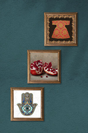 Hırka-i Şerif, Nar, Fatma Ana Eli (Hamsa) Taş Duvar Tablosu Ahşap Çerçeveli Duvar Dekoru 3 Parça Tablo Seti Wall Art