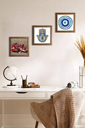 Nazar, Nar, Fatma Ana Eli (Hamsa) Taş Duvar Tablosu Ahşap Çerçeveli Duvar Dekoru 3 Parça Tablo Seti Wall Art