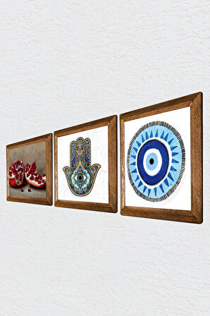 Nazar, Nar, Fatma Ana Eli (Hamsa) Taş Duvar Tablosu Ahşap Çerçeveli Duvar Dekoru 3 Parça Tablo Seti Wall Art