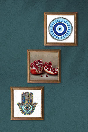 Nazar, Nar, Fatma Ana Eli (Hamsa) Taş Duvar Tablosu Ahşap Çerçeveli Duvar Dekoru 3 Parça Tablo Seti Wall Art