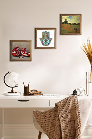 Claude Monet Gelincikler, Nar, Fatma Ana Eli (Hamsa) Taş Duvar Tablosu Ahşap Çerçeveli Duvar Dekoru 3 Parça Tablo Seti Wall Art