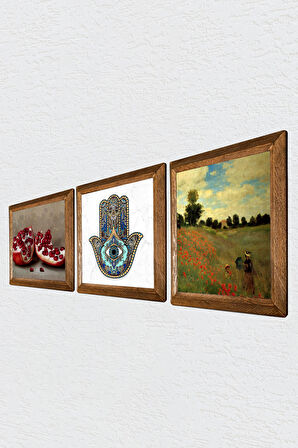 Claude Monet Gelincikler, Nar, Fatma Ana Eli (Hamsa) Taş Duvar Tablosu Ahşap Çerçeveli Duvar Dekoru 3 Parça Tablo Seti Wall Art