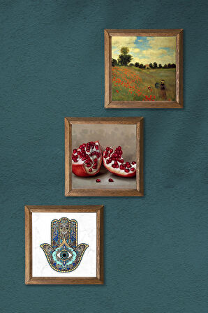 Claude Monet Gelincikler, Nar, Fatma Ana Eli (Hamsa) Taş Duvar Tablosu Ahşap Çerçeveli Duvar Dekoru 3 Parça Tablo Seti Wall Art