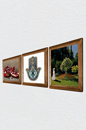 Claude Monet Bahçedeki Kadın, Nar, Fatma Ana Eli (Hamsa) Taş Duvar Tablosu Ahşap Çerçeveli Duvar Dekoru 3 Parça Tablo Seti Wall Art