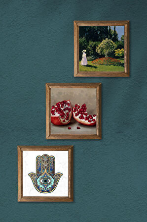 Claude Monet Bahçedeki Kadın, Nar, Fatma Ana Eli (Hamsa) Taş Duvar Tablosu Ahşap Çerçeveli Duvar Dekoru 3 Parça Tablo Seti Wall Art