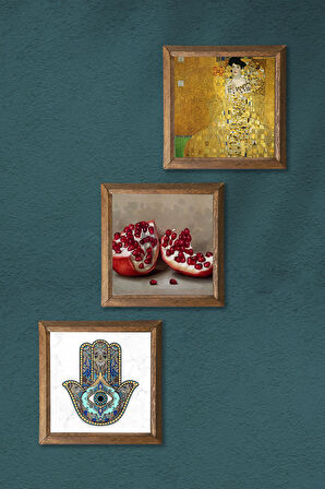 Gustav Klimt Bauer'in Portresi, Nar, Fatma Ana Eli Taş Duvar Tablosu Ahşap Çerçeveli Duvar Dekoru 3 Parça Tablo Seti Wall Art
