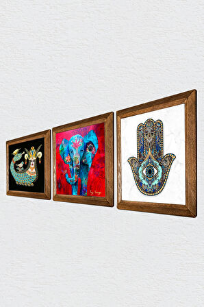 Fil, Şahmeran, Fatma Ana Eli (Hamsa) Taş Duvar Tablosu Ahşap Çerçeveli Duvar Dekoru 3 Parça Tablo Seti Wall Art